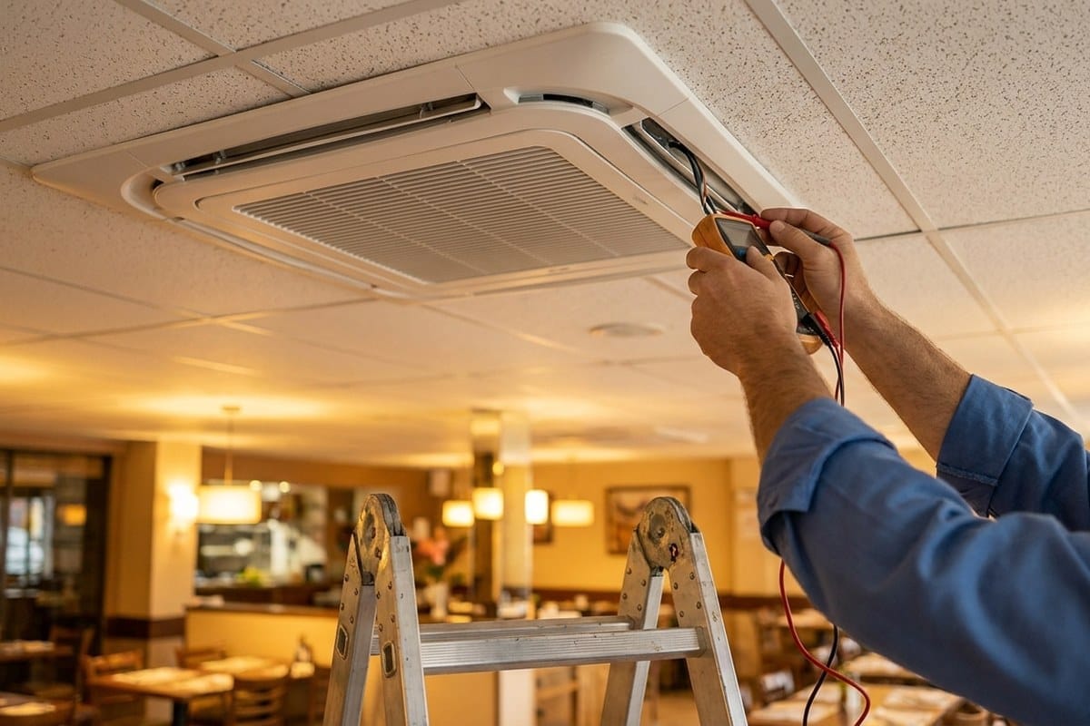 Cassete de ar-condicionado comercial sendo inspecionado por técnico em restaurante