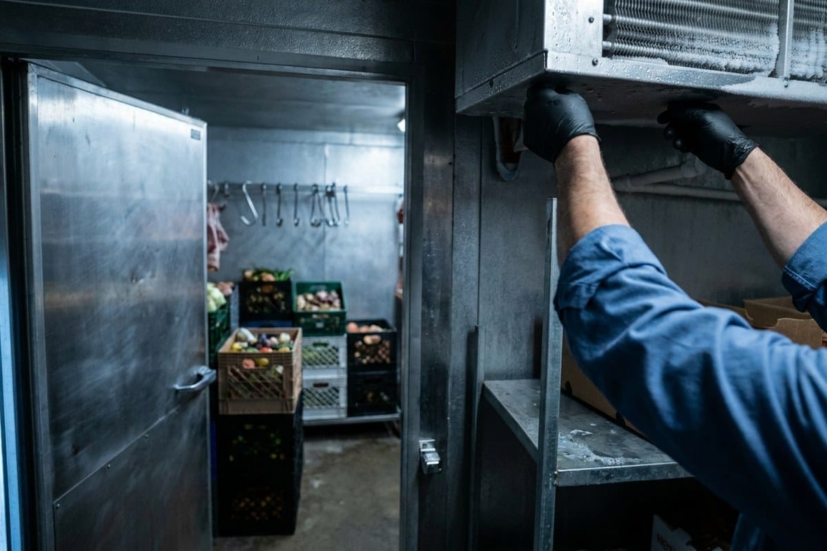 Interior de câmara fria com técnico inspecionando o evaporador