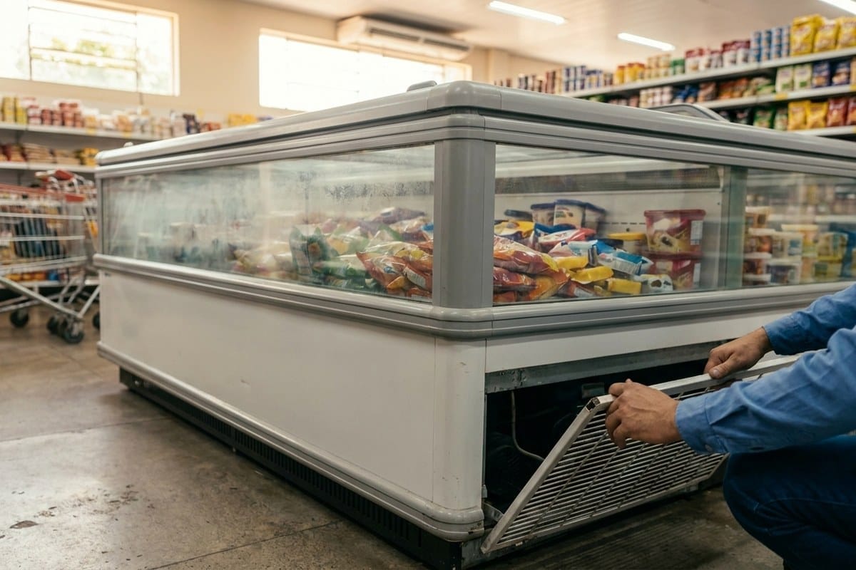 Freezer horizontal de congelados em supermercado com técnico acessando o condensador